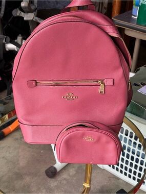 Coach Pink Leather Backpack with Matching Pouch and Gold Hardware